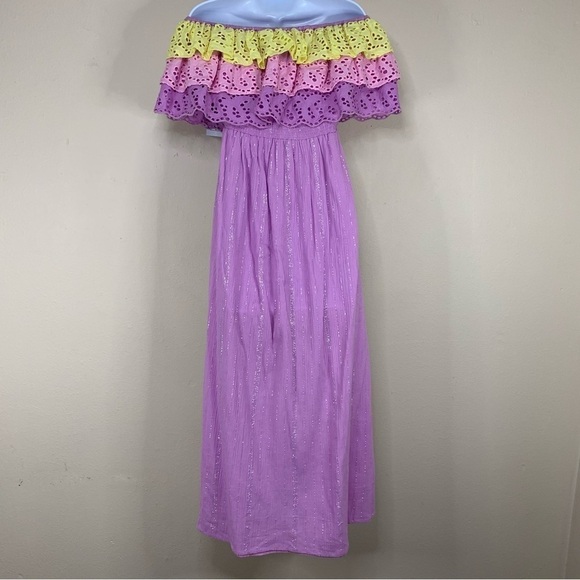 NEW Sundress Ruffle Lace Maxi Dress Pastel Strapless Purple Pink Yellow Vibrant - Picture 6 of 13